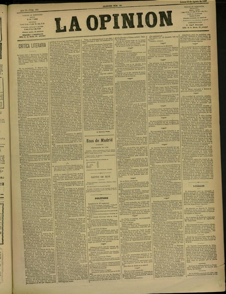Miniatura de La Opinión del 22 de agosto de 1887, nº 464