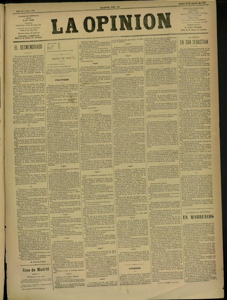 Miniatura de La Opinión del 23 de agosto de 1887, nº 465