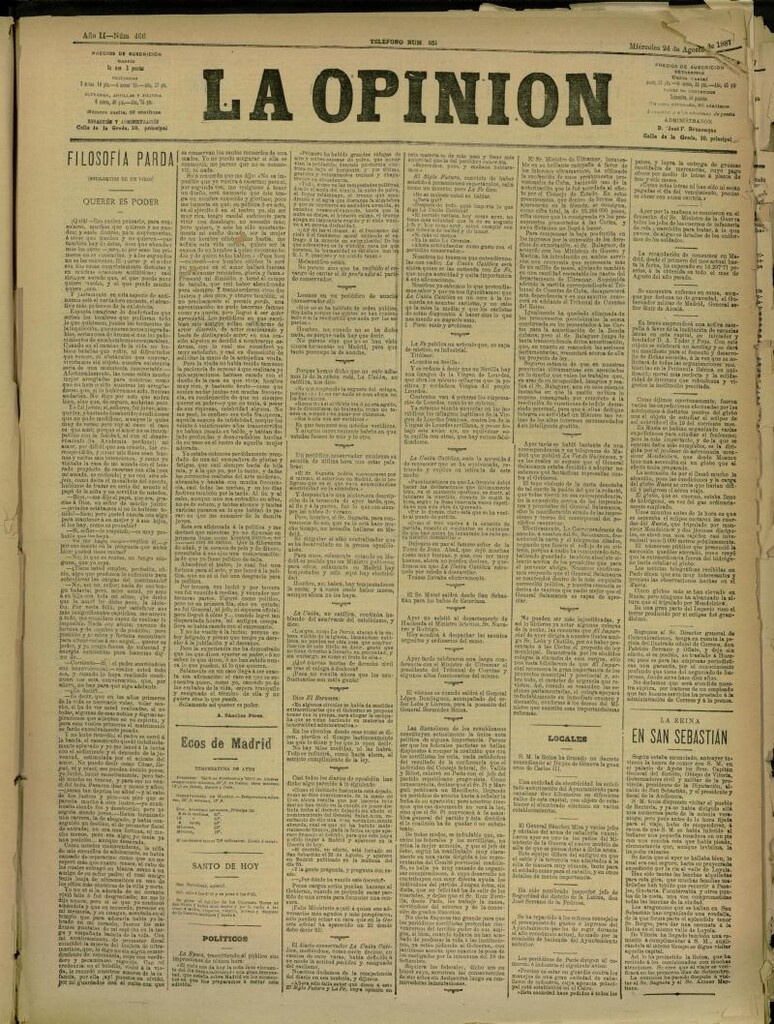 Miniatura de La Opinión del 24 de agosto de 1887, nº 466