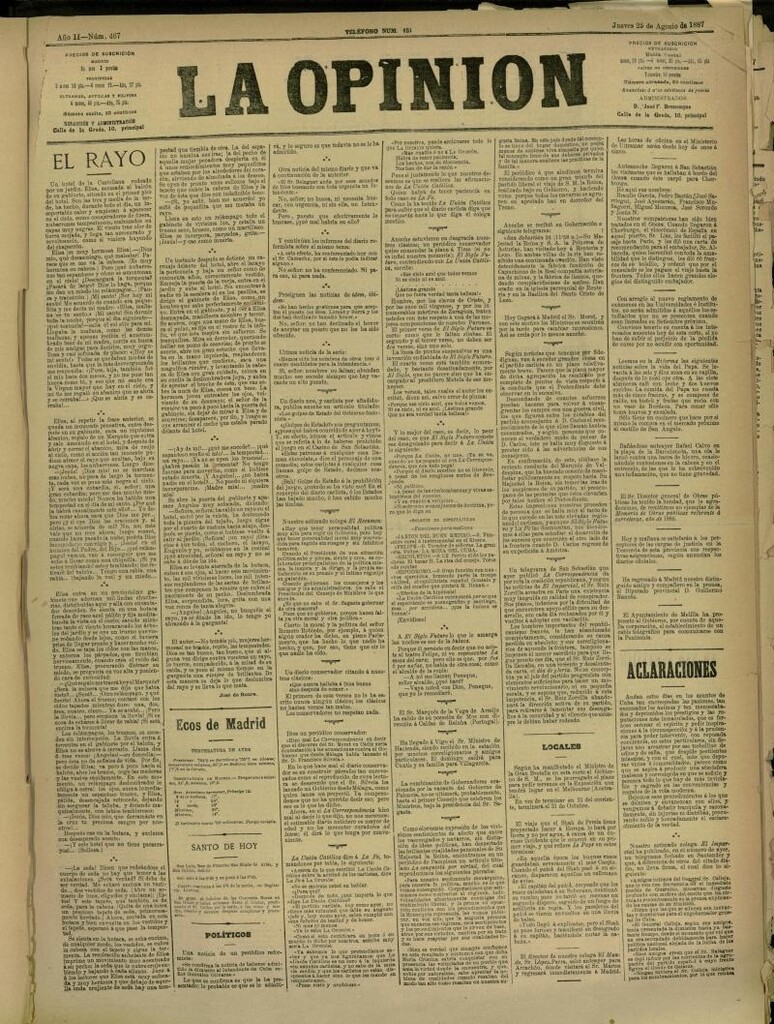 Miniatura de La Opinión del 25 de agosto de 1887, nº 467
