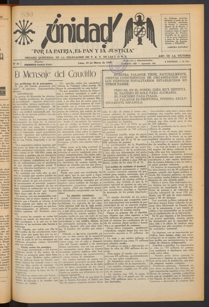 Miniatura de ¡Unidad! : órgano quincenal de la delegación de F.E.T. de las J.O.N.S. del 15 de marzo de 1940