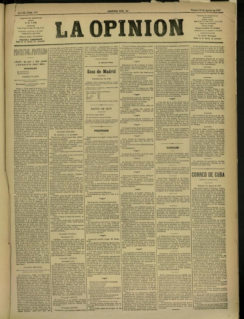 Miniatura de La Opinión del 26 de agosto de 1887, nº 468