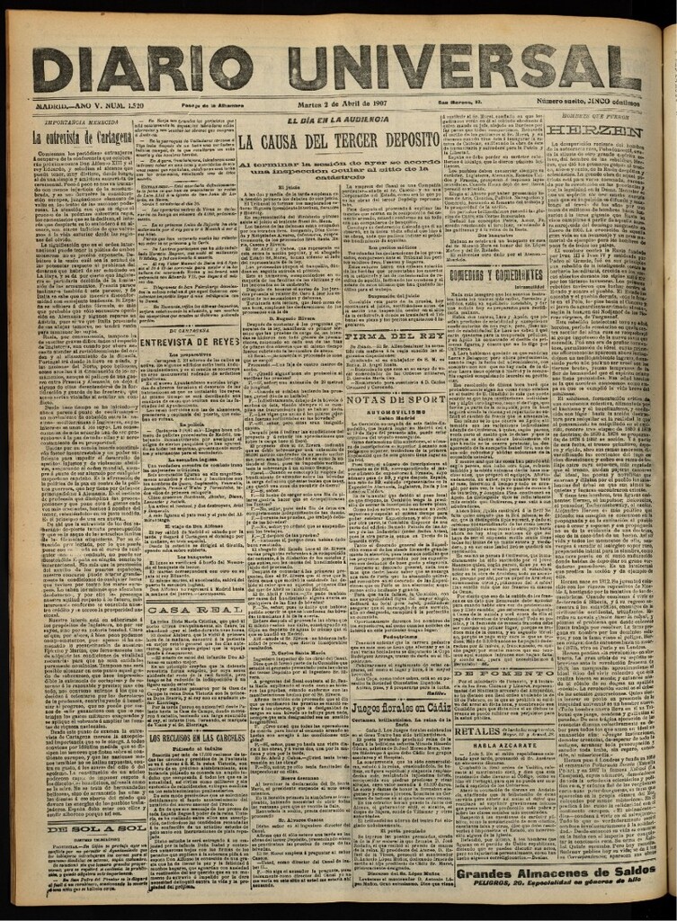 Miniatura de Diario Universal del 2 de abril de 1907, edición de tarde