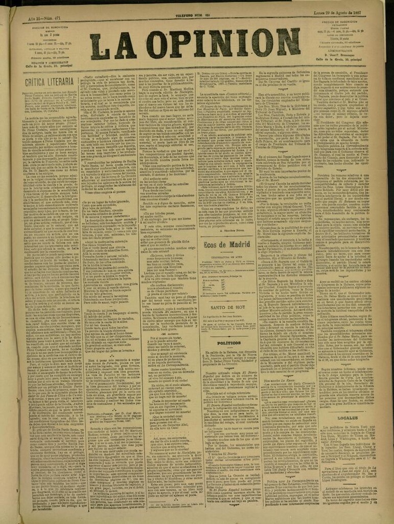 Miniatura de La Opinión del 29 de agosto de 1887, nº 471