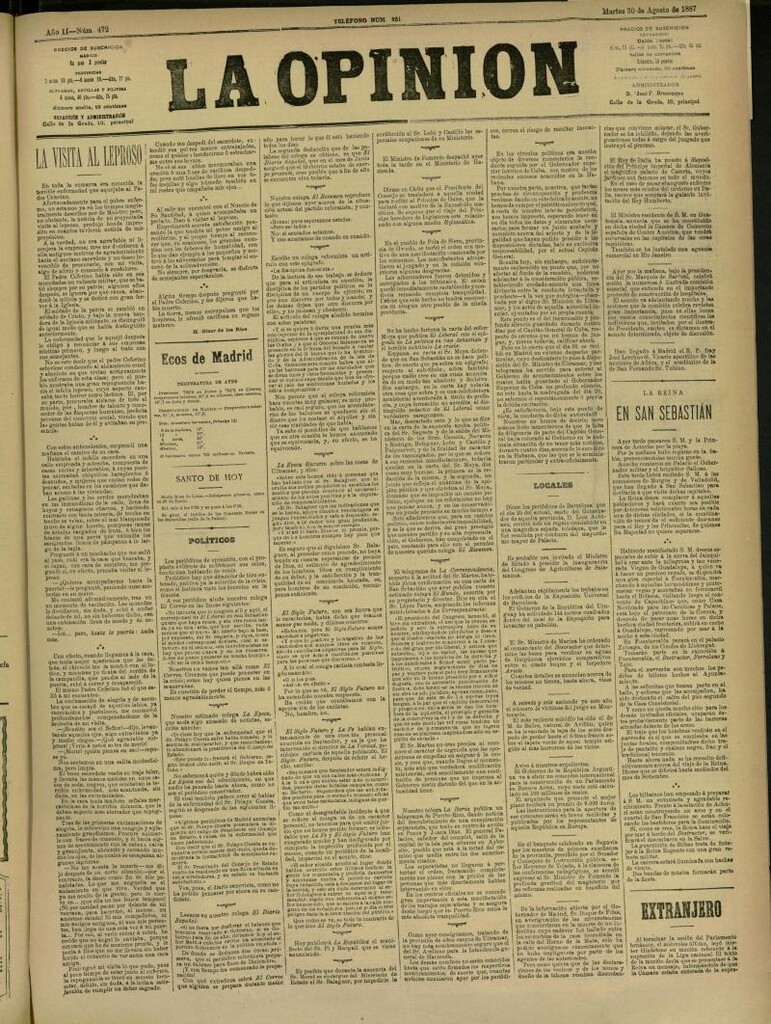 Miniatura de La Opinión del 30 de agosto de 1887, nº 472
