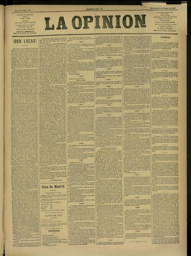 Miniatura de La Opinión del 31 de agosto de 1887, nº 473