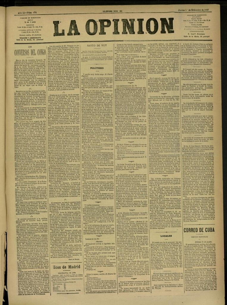 Miniatura de La Opinión del 1 de septiembre de 1887, nº 474