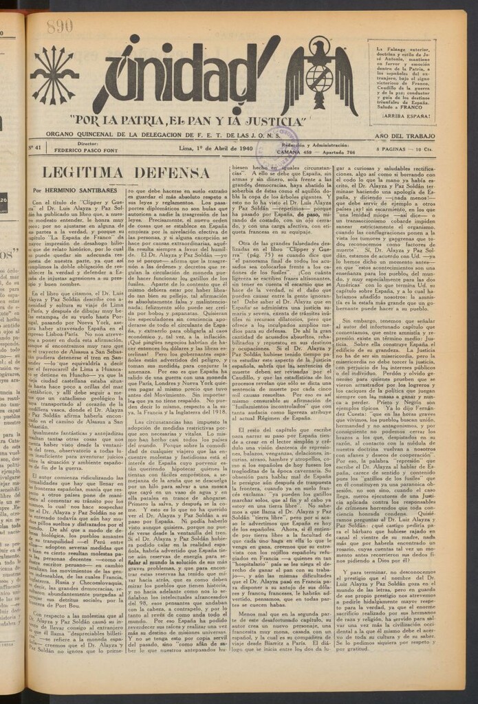 Miniatura de ¡Unidad! : órgano quincenal de la delegación de F.E.T. de las J.O.N.S. del 1 de abril de 1940