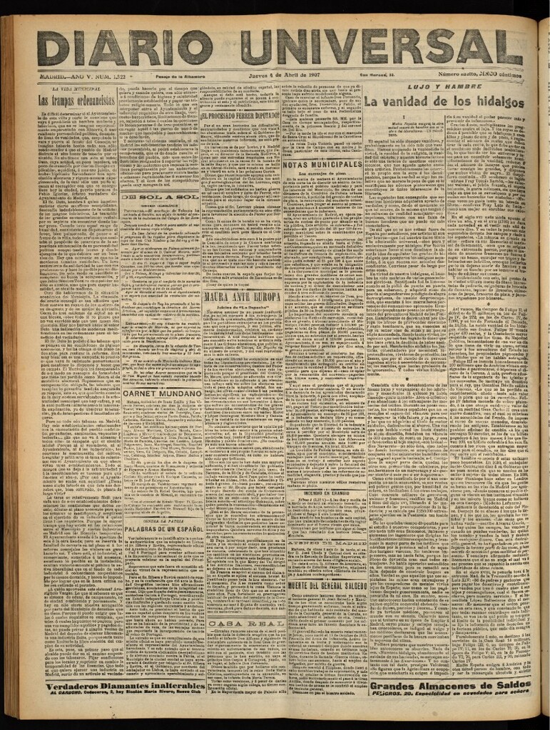 Miniatura de Diario Universal del 4 de abril de 1907, edición de noche
