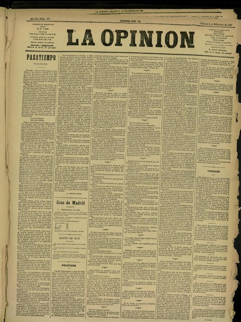 Miniatura de La Opinión del 2 de septiembre de 1887, nº 475