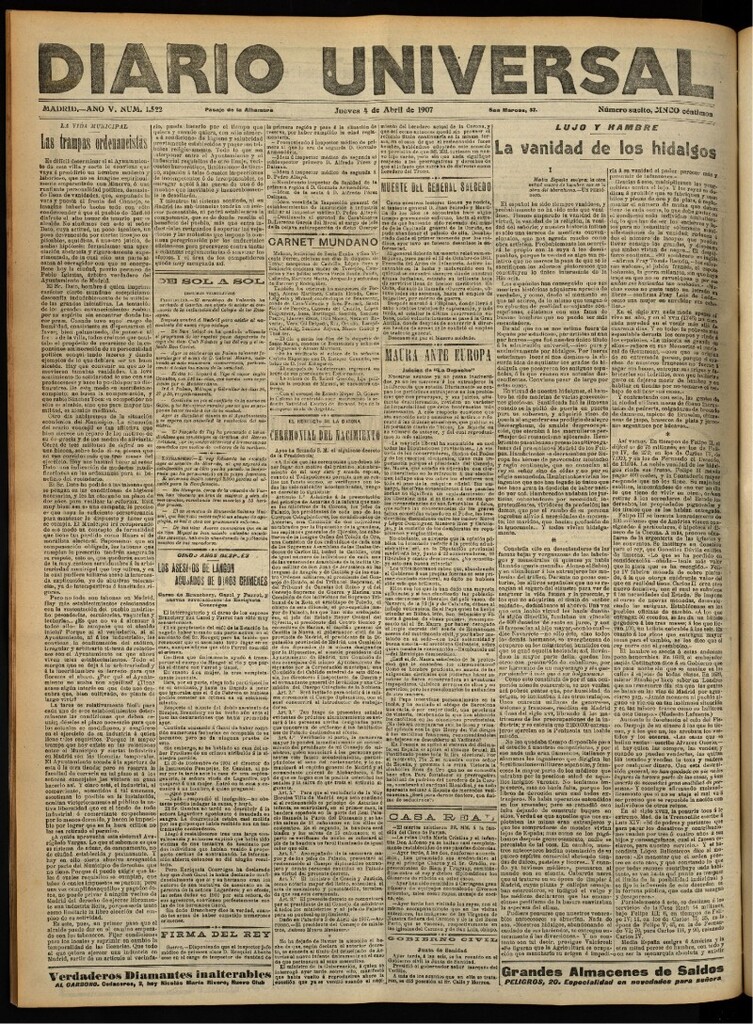 Miniatura de Diario Universal del 4 de abril de 1907, edición de tarde