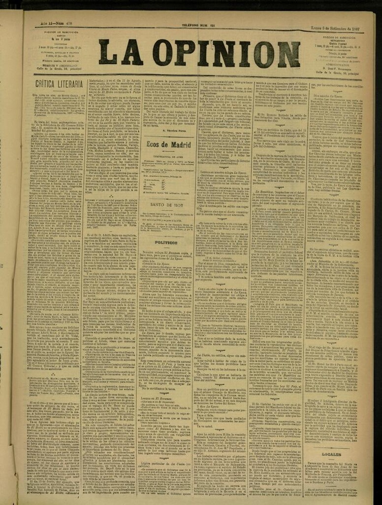 Miniatura de La Opinión del 5 de septiembre de 1887, nº 478