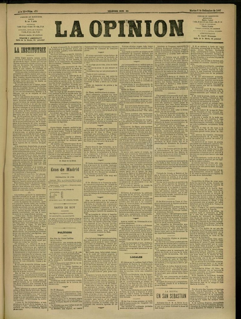 Miniatura de La Opinión del 6 de septiembre de 1887, nº 479
