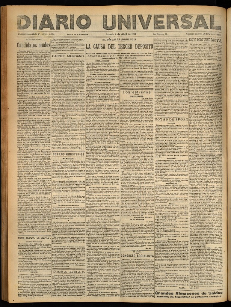 Miniatura de Diario Universal del 6 de abril de 1907, edición de noche