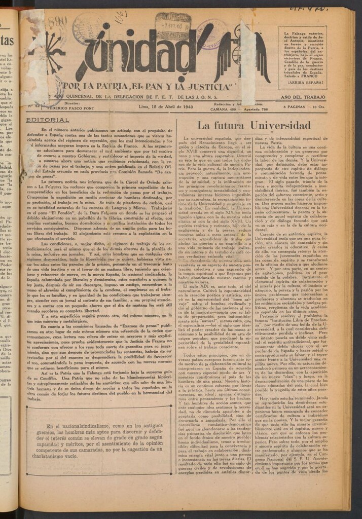 Miniatura de ¡Unidad! : órgano quincenal de la delegación de F.E.T. de las J.O.N.S. del 15 de abril de 1940