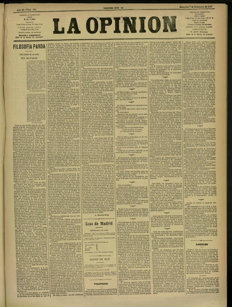 Miniatura de La Opinión del 7 de septiembre de 1887, nº 480