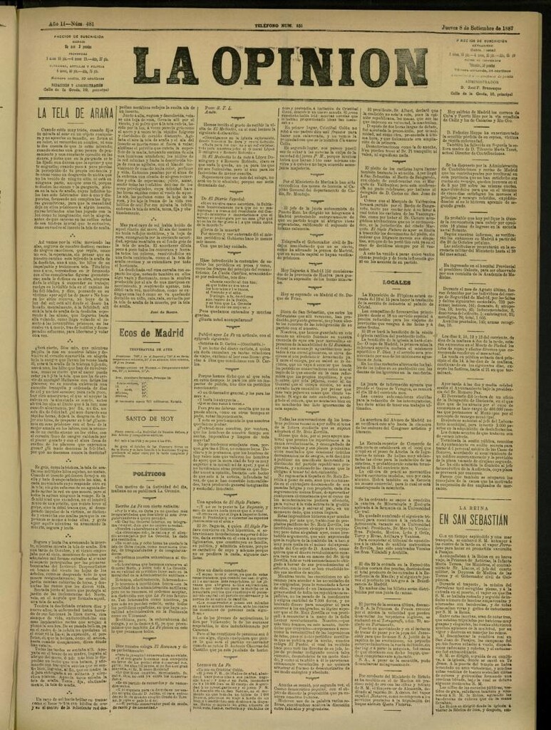 Miniatura de La Opinión del 8 de septiembre de 1887, nº 481