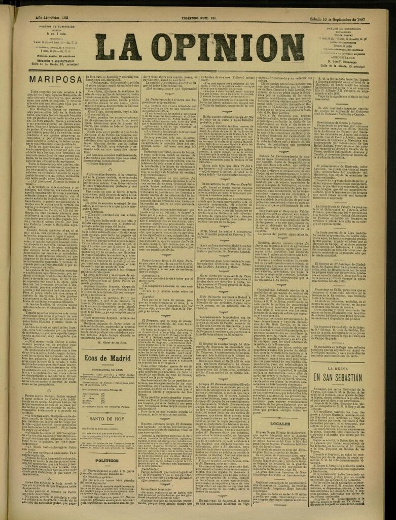 Miniatura de La Opinión del 10 de septiembre de 1887, nº 482