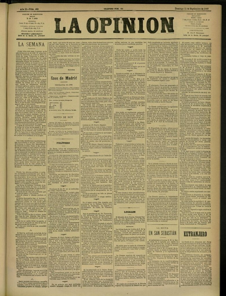 Miniatura de La Opinión del 11 de septiembre de 1887, nº 483