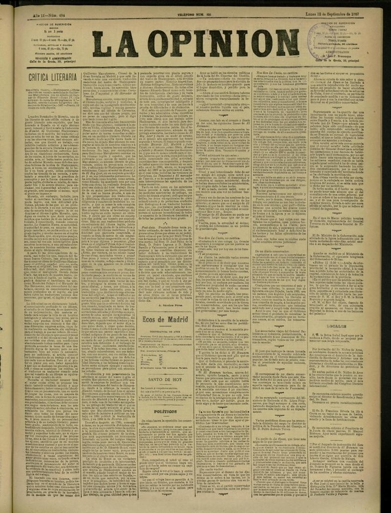 Miniatura de La Opinión del 12 de septiembre de 1887, nº 484