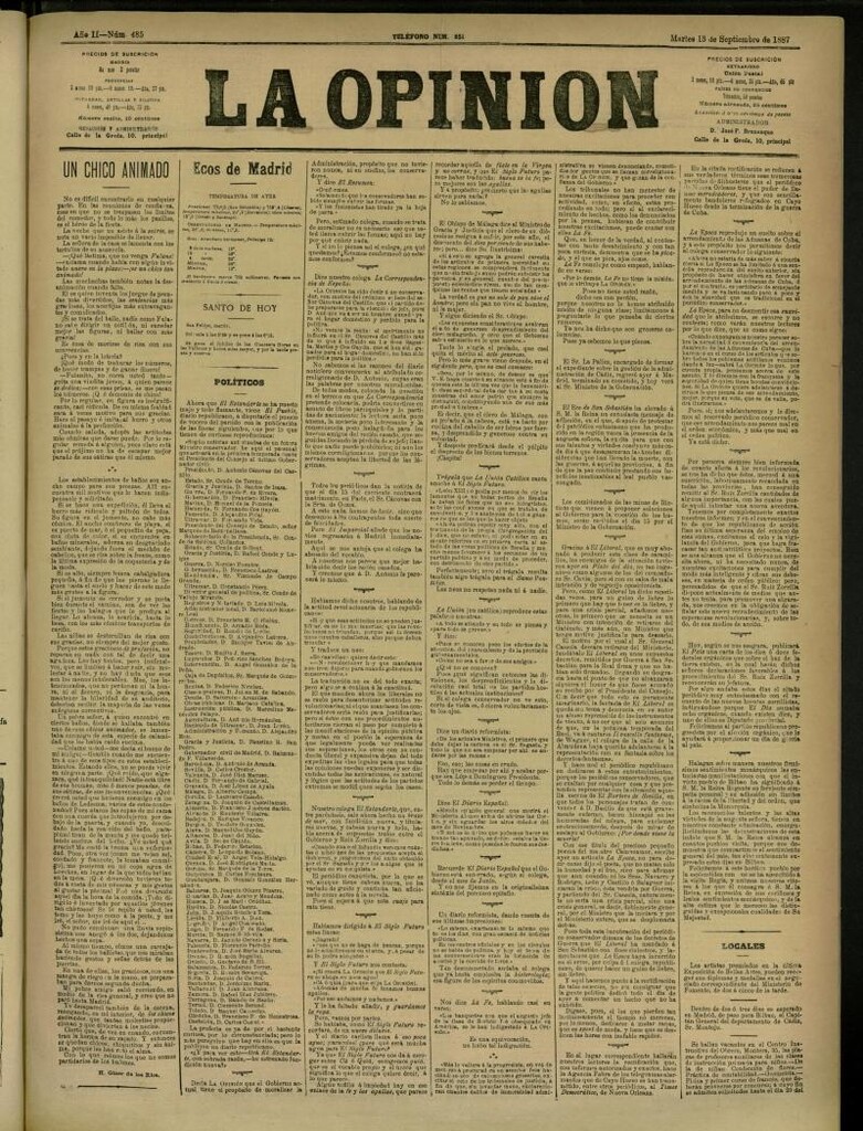 Miniatura de La Opinión del 13 de septiembre de 1887, nº 485