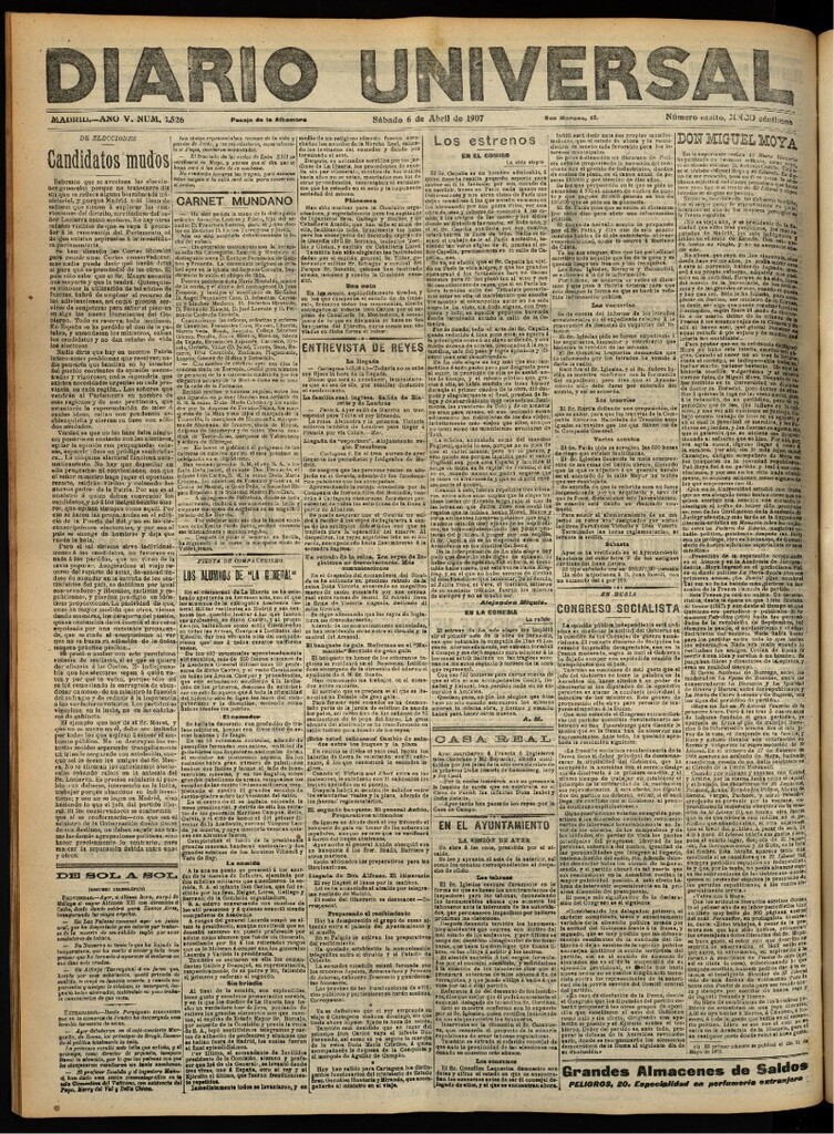 Miniatura de Diario Universal del 6 de abril de 1907, edición de tarde