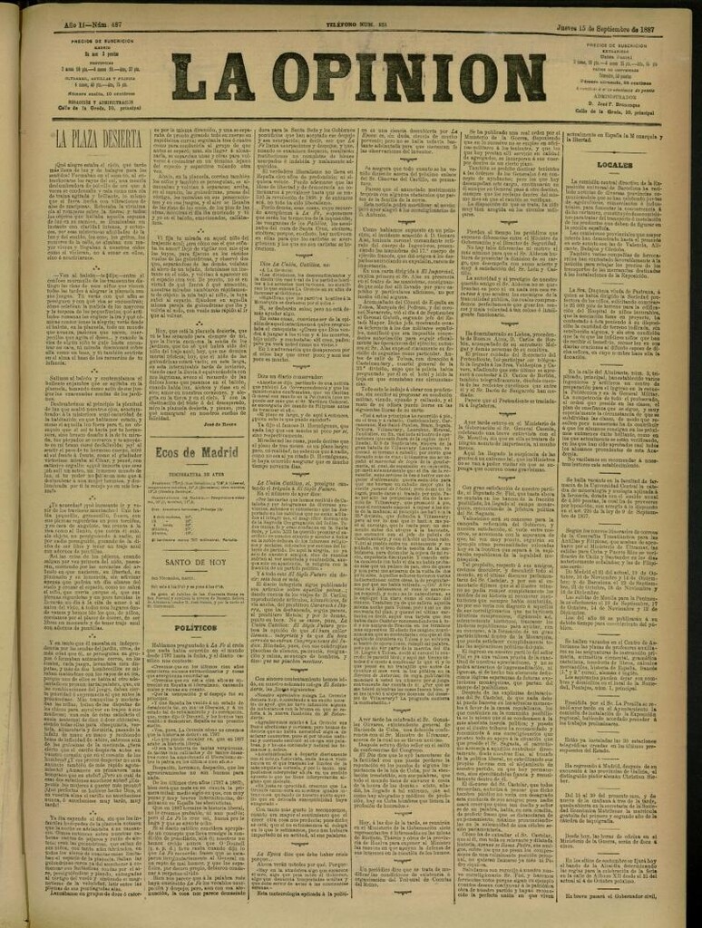 Miniatura de La Opinión del 15 de septiembre de 1887, nº 487
