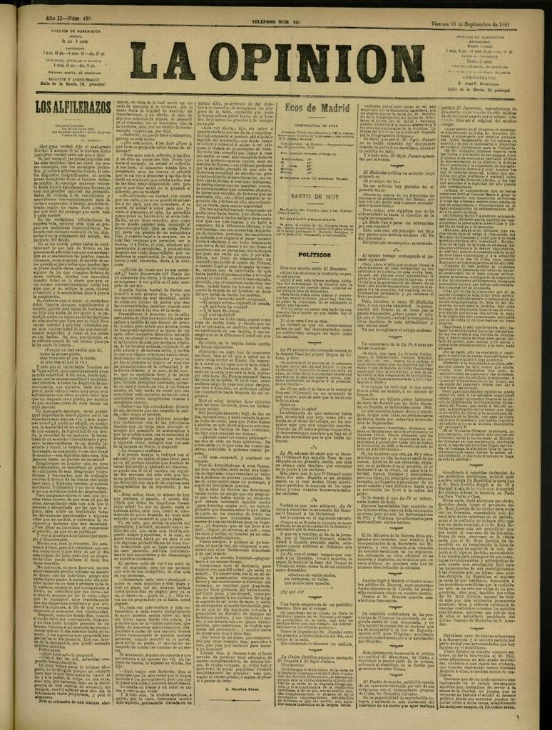 Miniatura de La Opinión del 16 de septiembre de 1887, nº 488