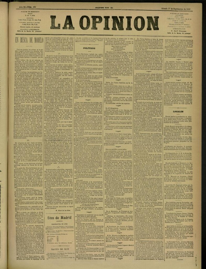 Miniatura de La Opinión del 17 de septiembre de 1887, nº 489