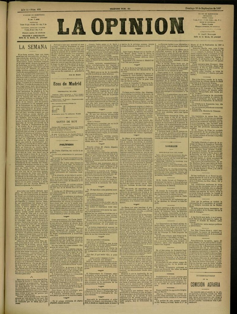 Miniatura de La Opinión del 18 de septiembre de 1887, nº 490