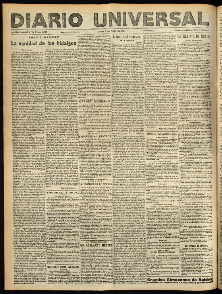 Miniatura de Diario Universal del 8 de abril de 1907, edición de tarde