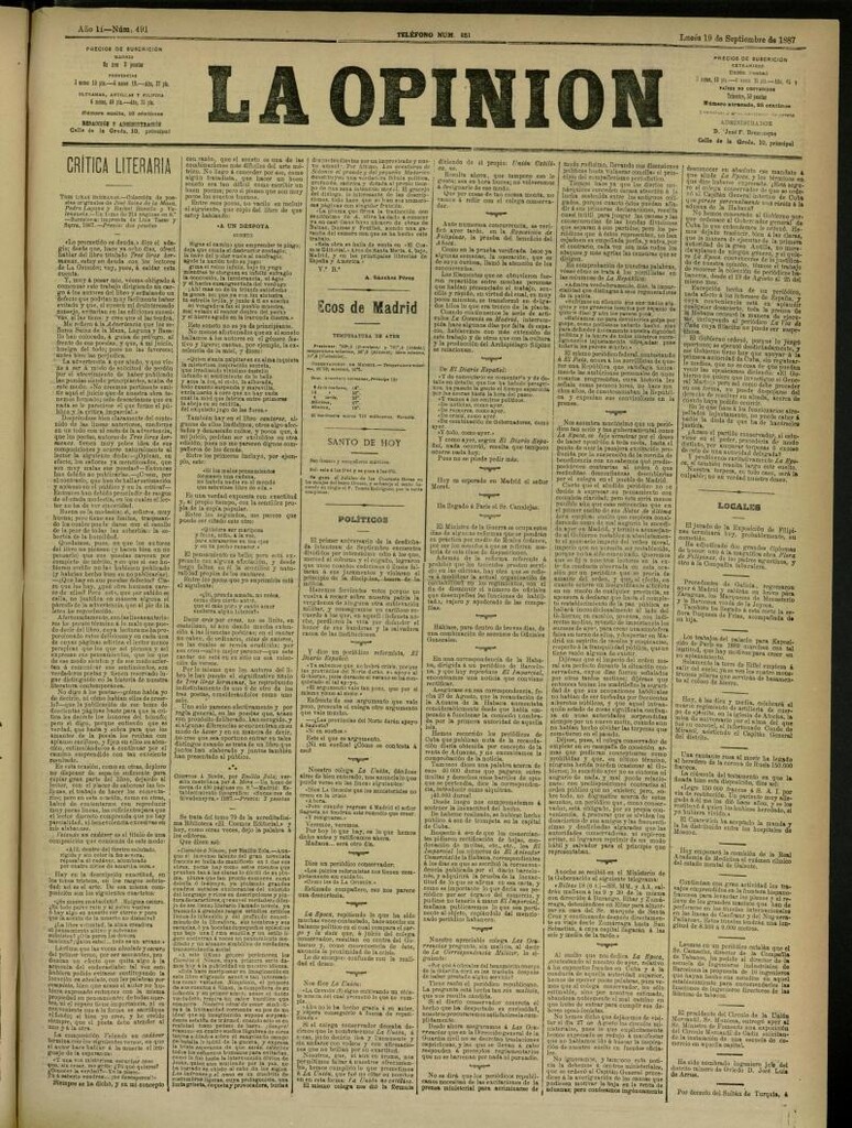 Miniatura de La Opinión del 19 de septiembre de 1887, nº 491