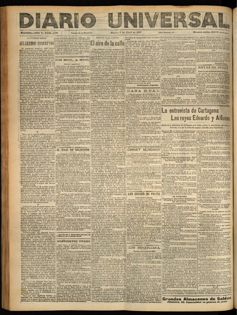 Miniatura de Diario Universal del 9 de abril de 1907, edición de noche