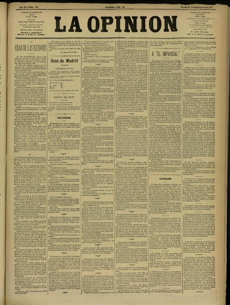 Miniatura de La Opinión del 20 de septiembre de 1887, nº 492