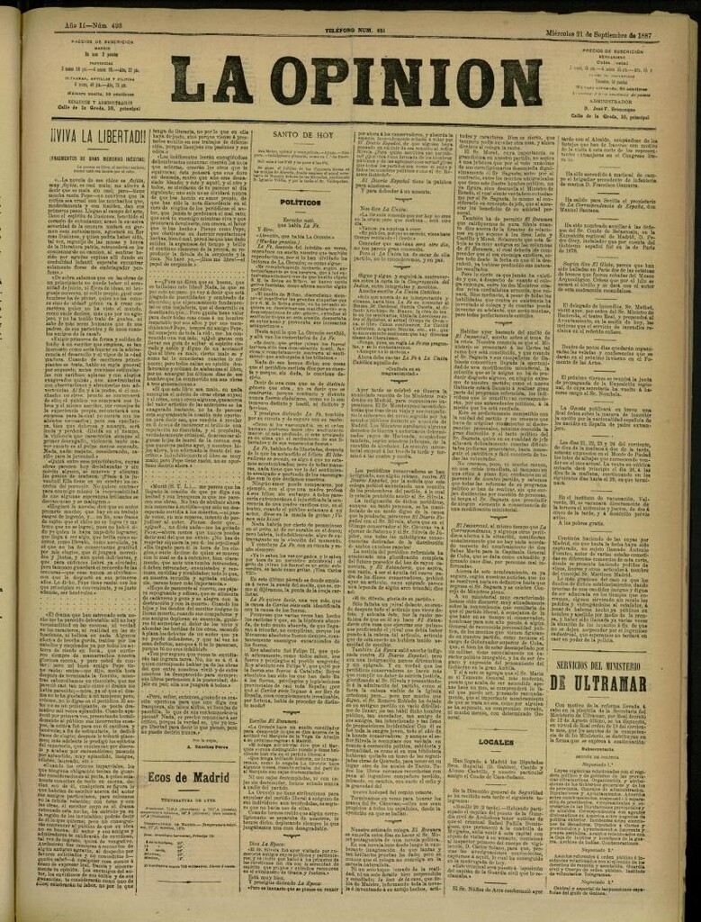 Miniatura de La Opinión del 21 de septiembre de 1887, nº 493