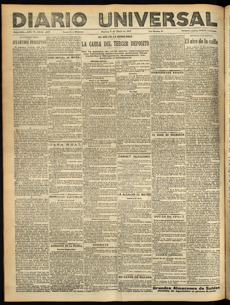 Miniatura de Diario Universal del 9 de abril de 1907, edición de tarde