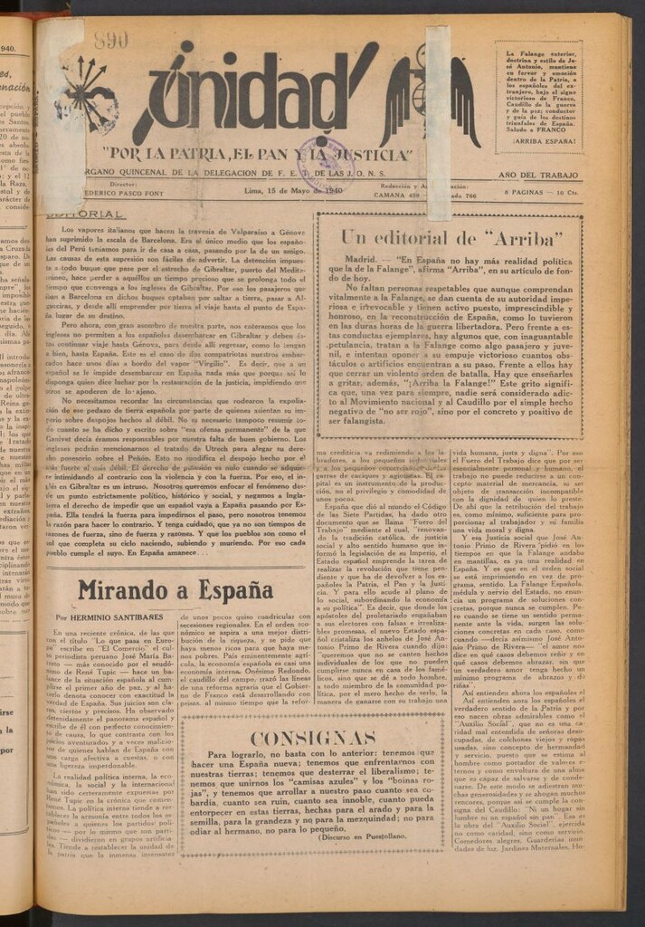 Miniatura de ¡Unidad! : órgano quincenal de la delegación de F.E.T. de las J.O.N.S. del 15 de mayo de 1940