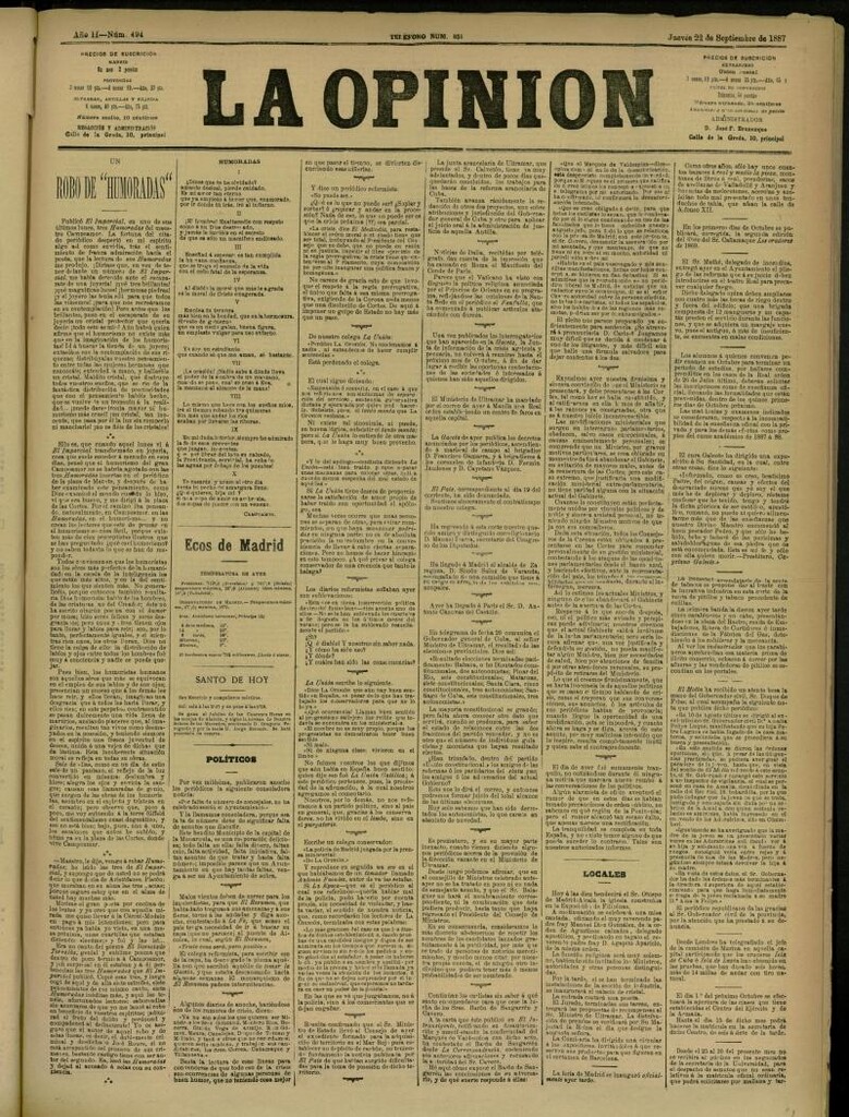 Miniatura de La Opinión del 22 de septiembre de 1887, nº 494