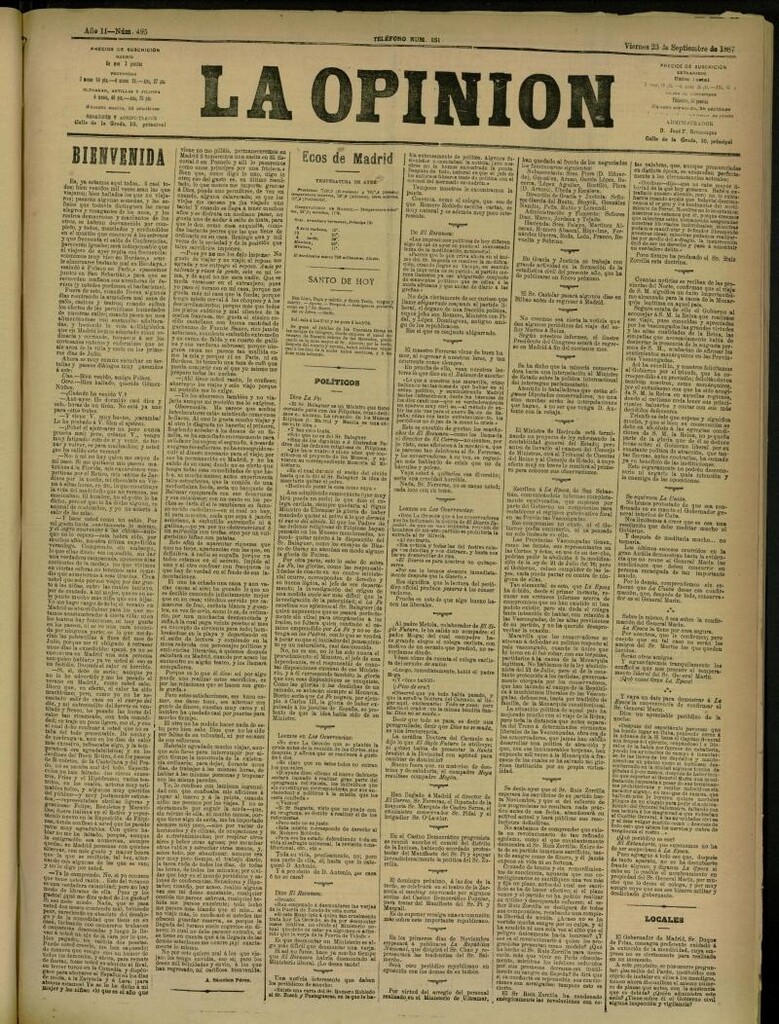 Miniatura de La Opinión del 23 de septiembre de 1887, nº 495
