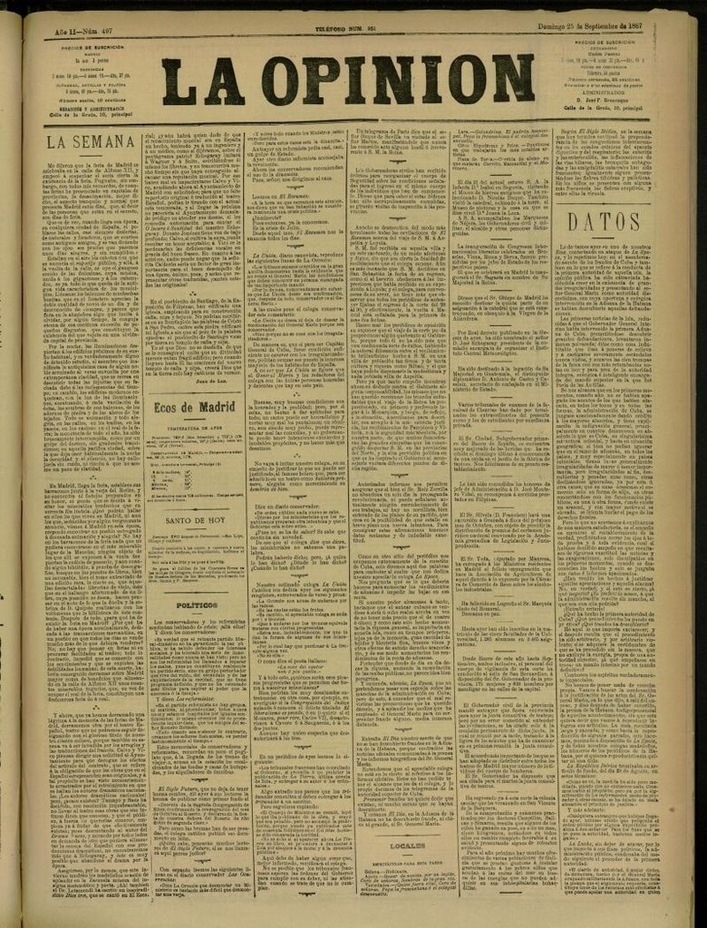 Miniatura de La Opinión del 25 de septiembre de 1887, nº 497