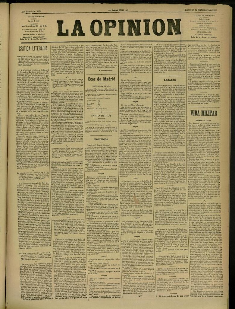 Miniatura de La Opinión del 26 de septiembre de 1887, nº 498