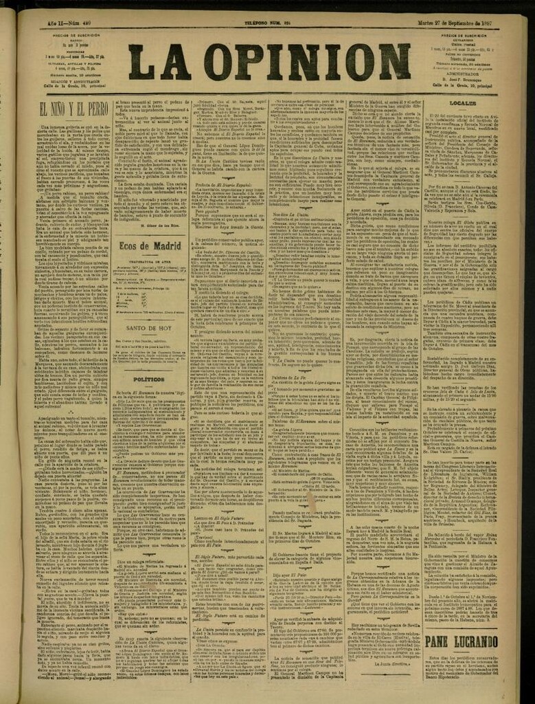 Miniatura de La Opinión del 27 de septiembre de 1887, nº 499