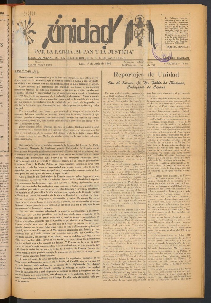 Miniatura de ¡Unidad! : órgano quincenal de la delegación de F.E.T. de las J.O.N.S. del 1 de junio de 1940