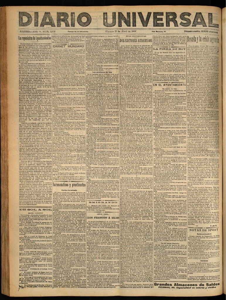 Miniatura de Diario Universal del 12 de abril de 1907, edición de noche