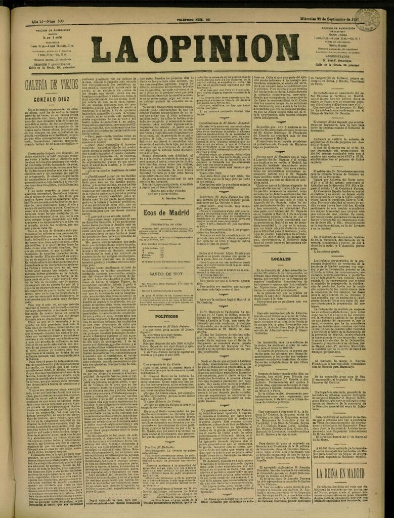 Miniatura de La Opinión del 28 de septiembre de 1887, nº 500