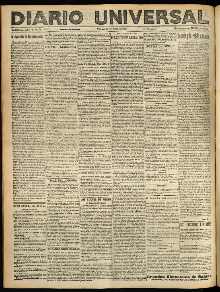 Miniatura de Diario Universal del 12 de abril de 1907, edición de tarde