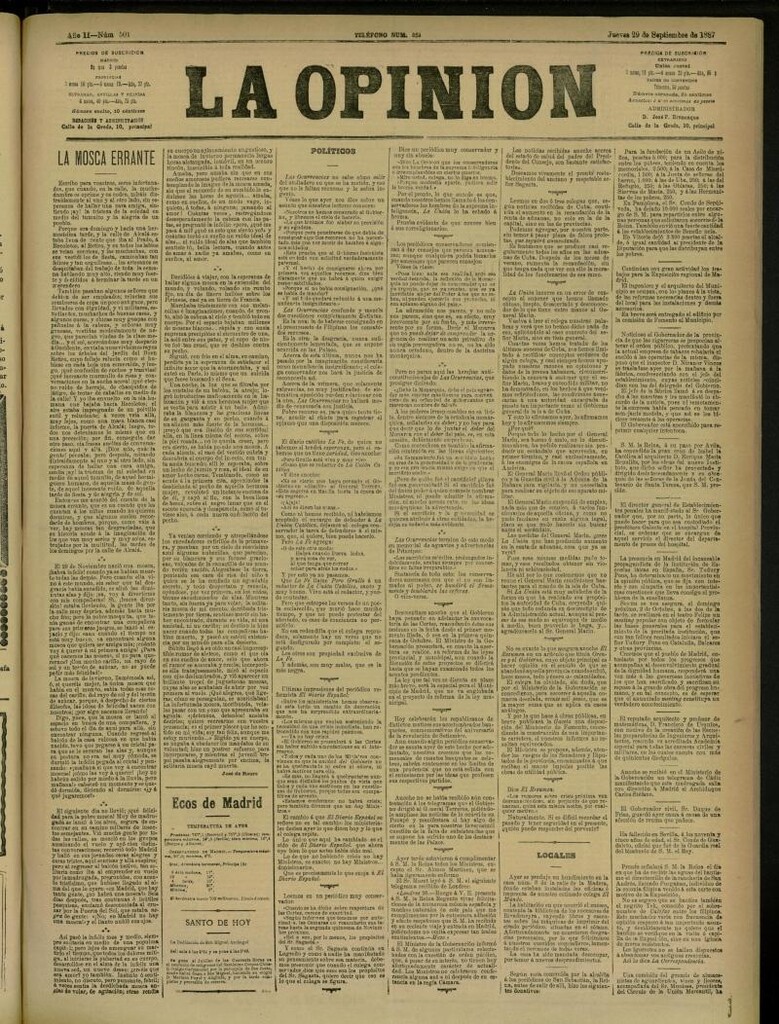 Miniatura de La Opinión del 29 de septiembre de 1887, nº 501