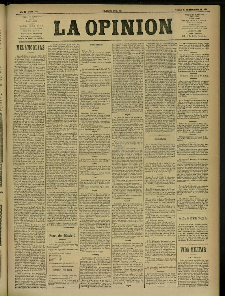 Miniatura de La Opinión del 30 de septiembre de 1887, nº 502