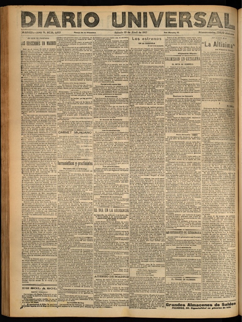 Miniatura de Diario Universal del 13 de abril de 1907, edición de noche