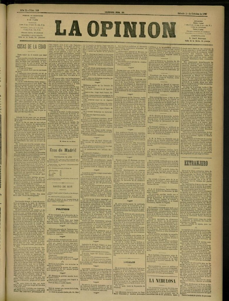 Miniatura de La Opinión del 1 de octubre de 1887, nº 503